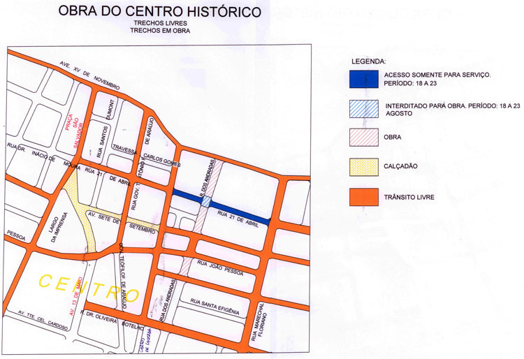 A partir da próxima segunda-feira (18) até sábado (23), a Rua 21 de Abril, no cruzamento com a Rua dos Andradas, será interditada para a realização das obras de revitalização do Centro Histórico de Campos (Foto: Imagem Ilustrativa)