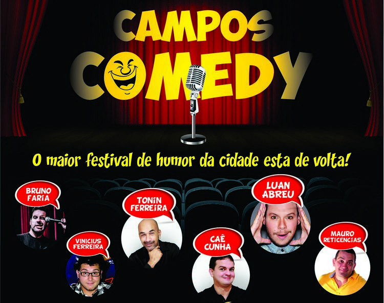 A 3ª edição do Campos Comedy será a atração deste domingo (26), às 19h30, no Teatro Municipal Trianon. Os humoristas campistas Toninho Ferreira, Caê Cunha, Bruno Faria, Luan Abreu, Mauro Reticências e Vinicius Ferreira vão divertir o público (Foto: Divulgação)